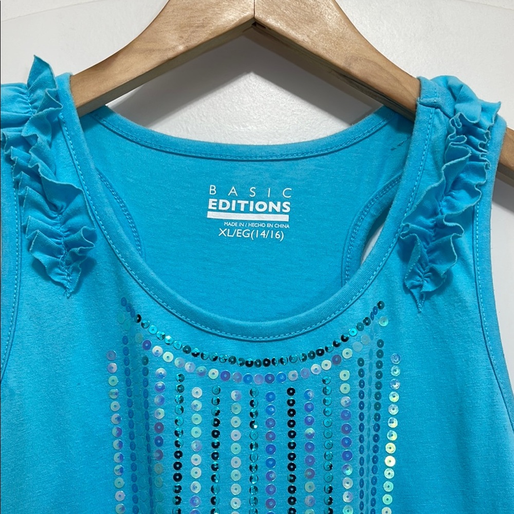 Basic Editions Blue Ruffled Sequin Tank Top - Picture 2 of 7